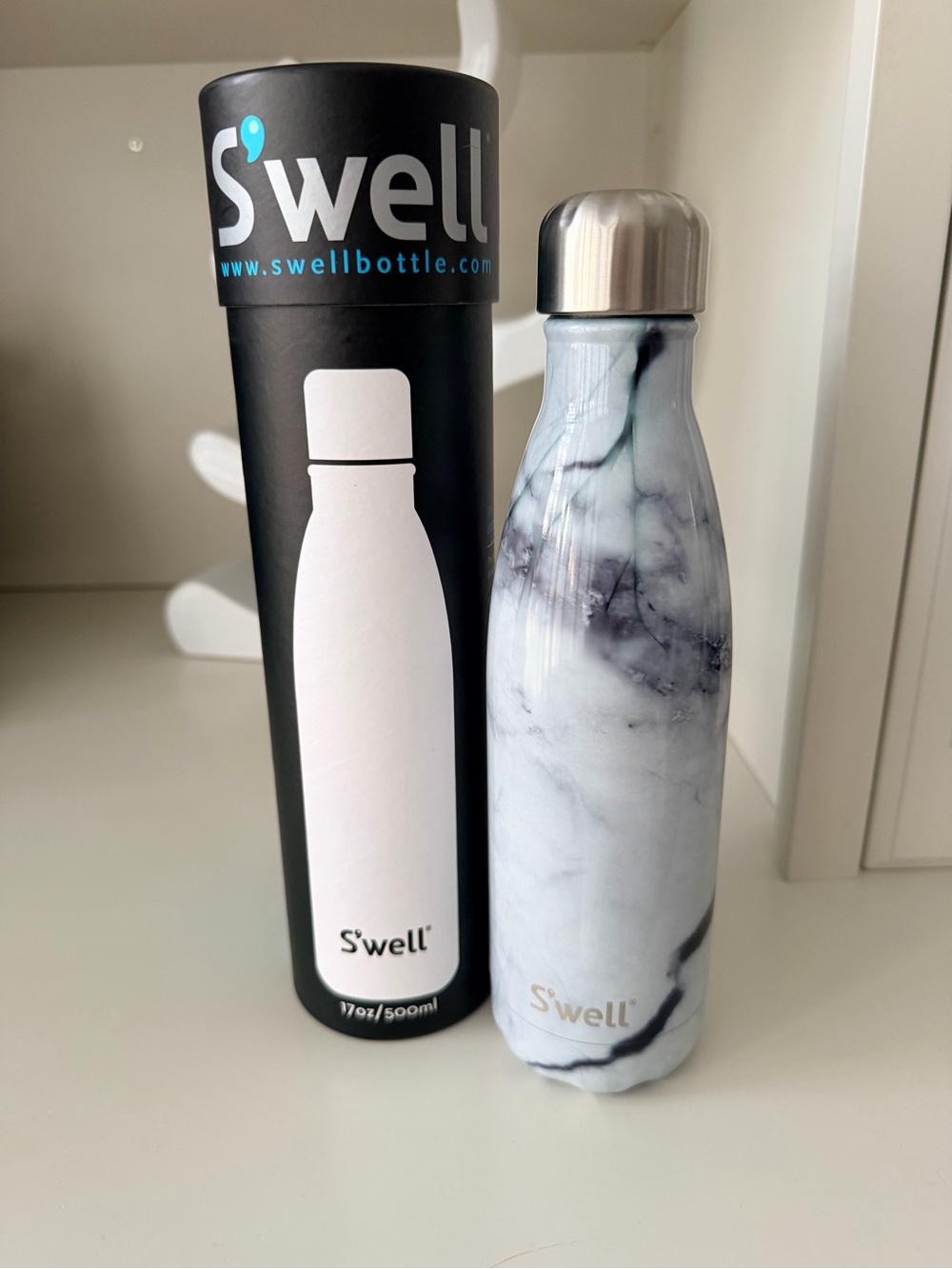 SWELL White Marble 17oz 500ml Water Bottle Stainless Steel Elements Collection